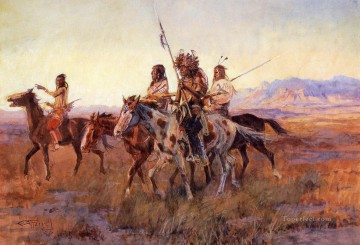 Impresionismo Painting - Cuatro indios montados Charles Marion Russell circa 1914 Indios Charles Marion Russell Indiana